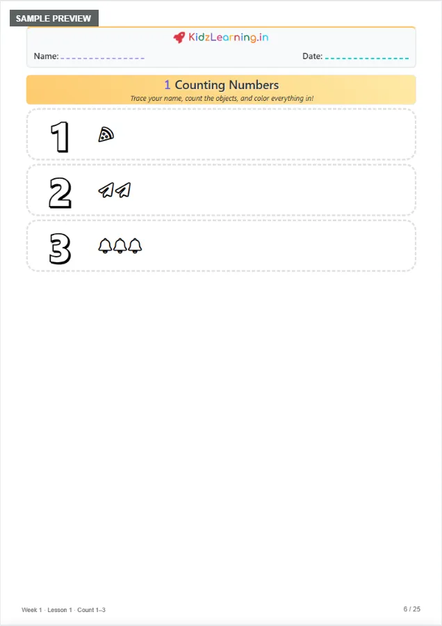 Sample preview of the Day 1 Count 1–3 worksheet