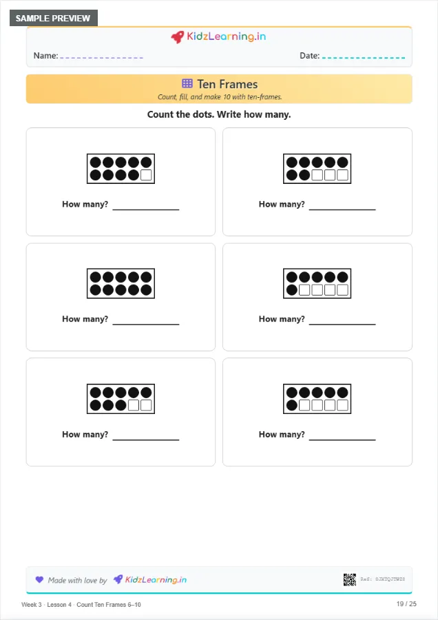 Sample preview of the Day 14 ten-frames worksheet for numbers 6–10