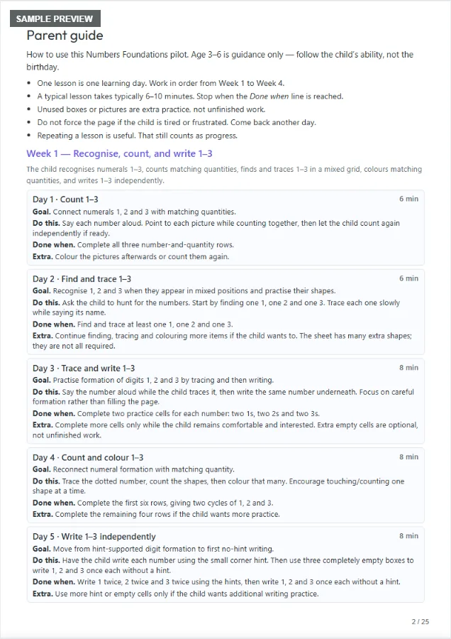 Sample preview of the Numbers Foundations Week 1 parent guide page