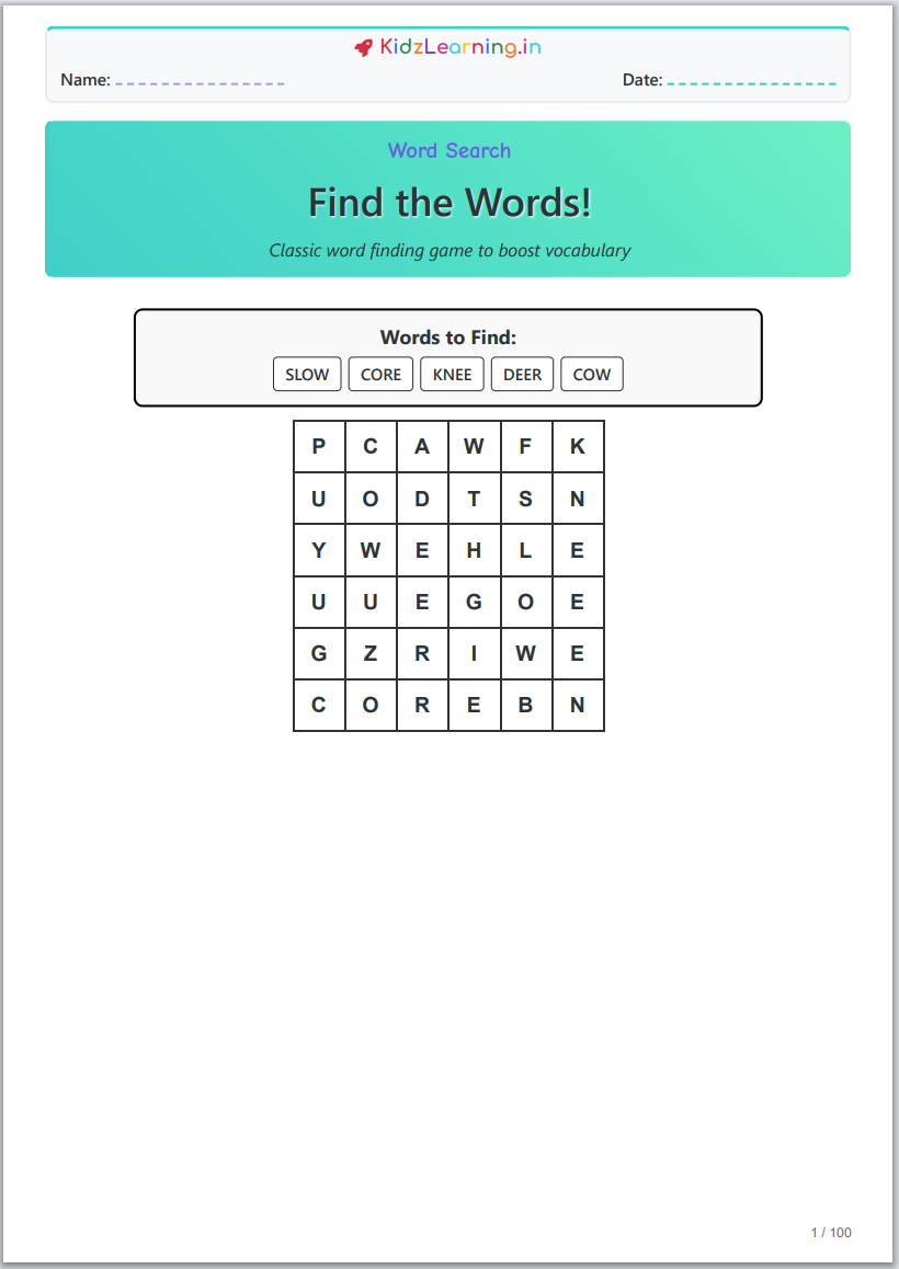 Word Search Pack — Level 1 (100 Puzzles)